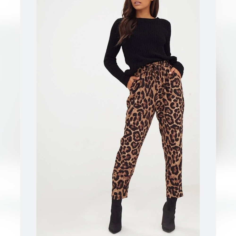 PrettyLittleThing Animal Print Casual Pants Womens 6 Brown Boho Retro 90s Y2K - Picture 1 of 9
